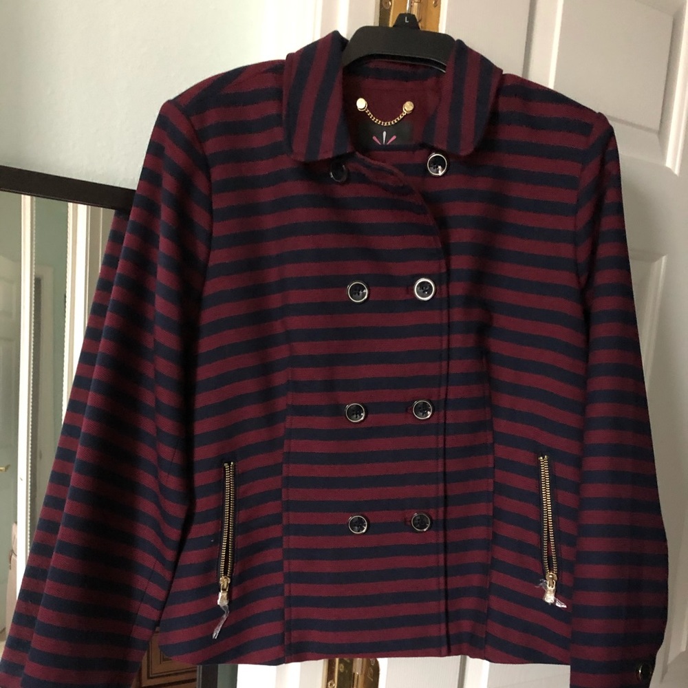 Navy & maroon striped blazer with gold zip pockets
